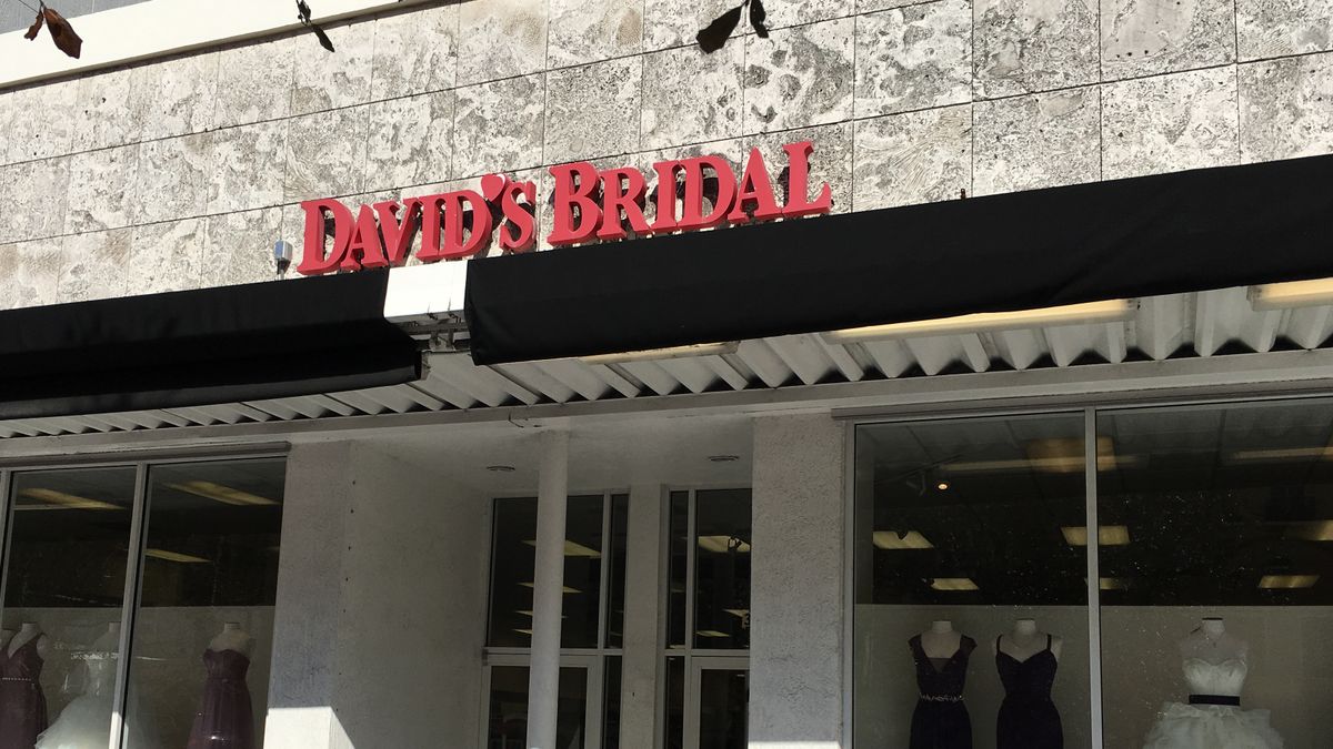 A wedding attire shop with the words "David's Bridal" in red letters.