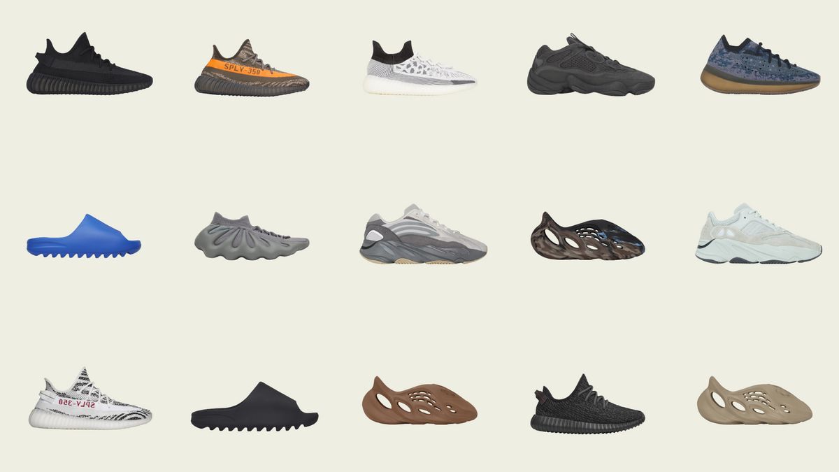 A group of Yeezy shoe products on a beige background.