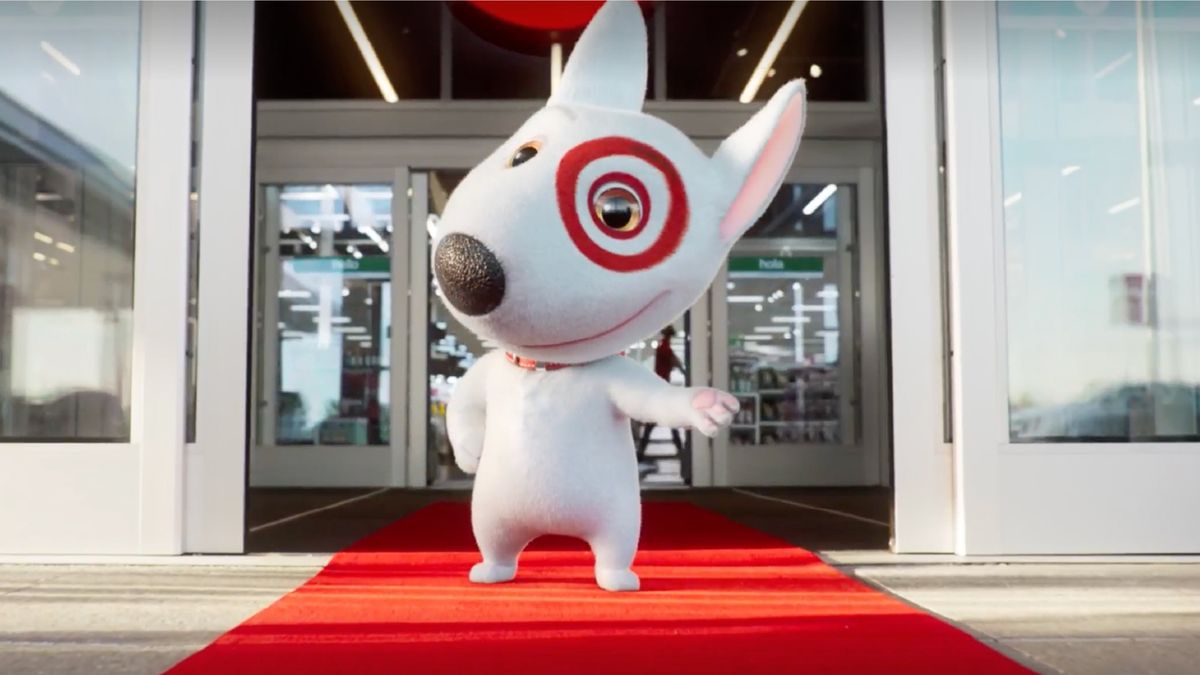 A cartoon white dog with a red circle around its eye holds out its paw.