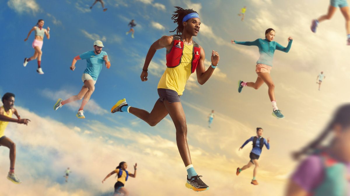 A group of runners floats in the air as part of a new Hoka campaign from agency Anomaly.