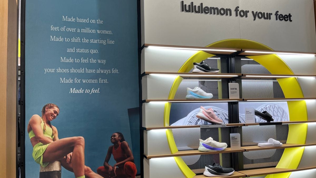 A display showcasing Lululemon's women's footwear collection.