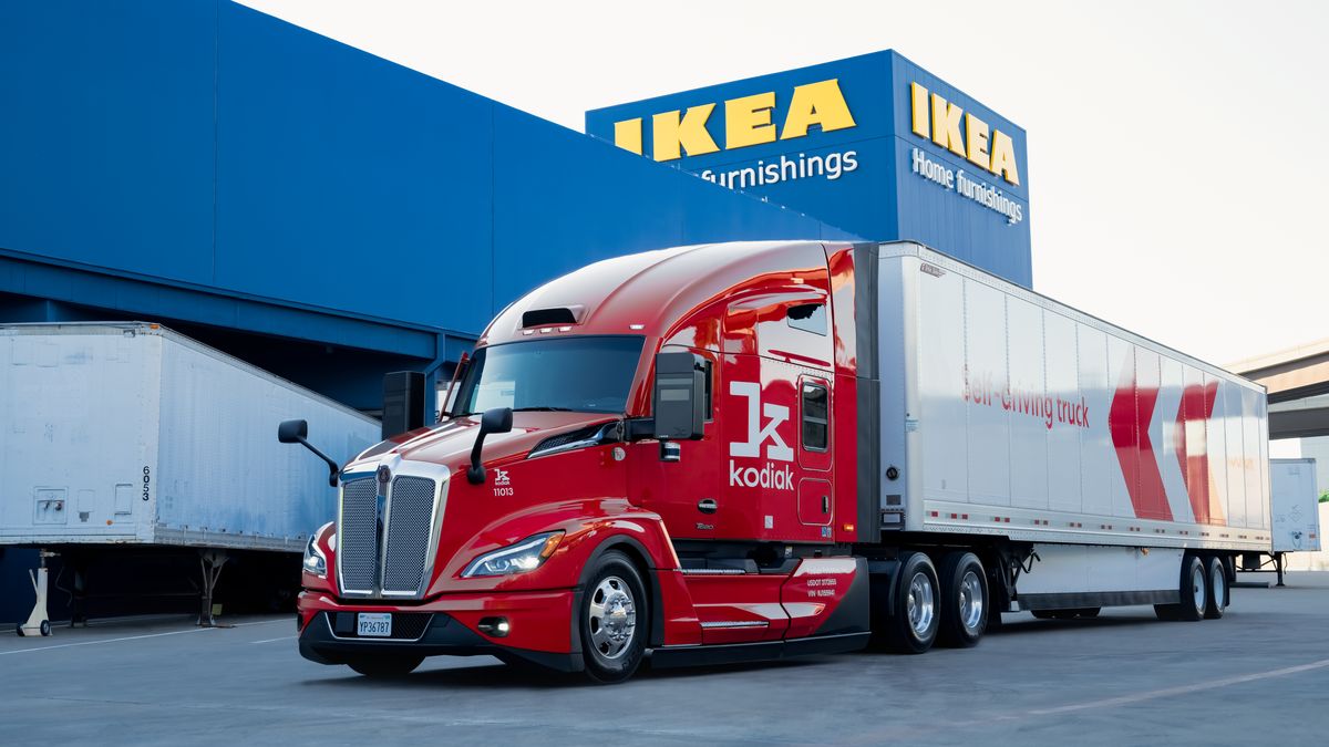 Kodiak Robotics' autonomous truck is shown in front of an Ikea store.