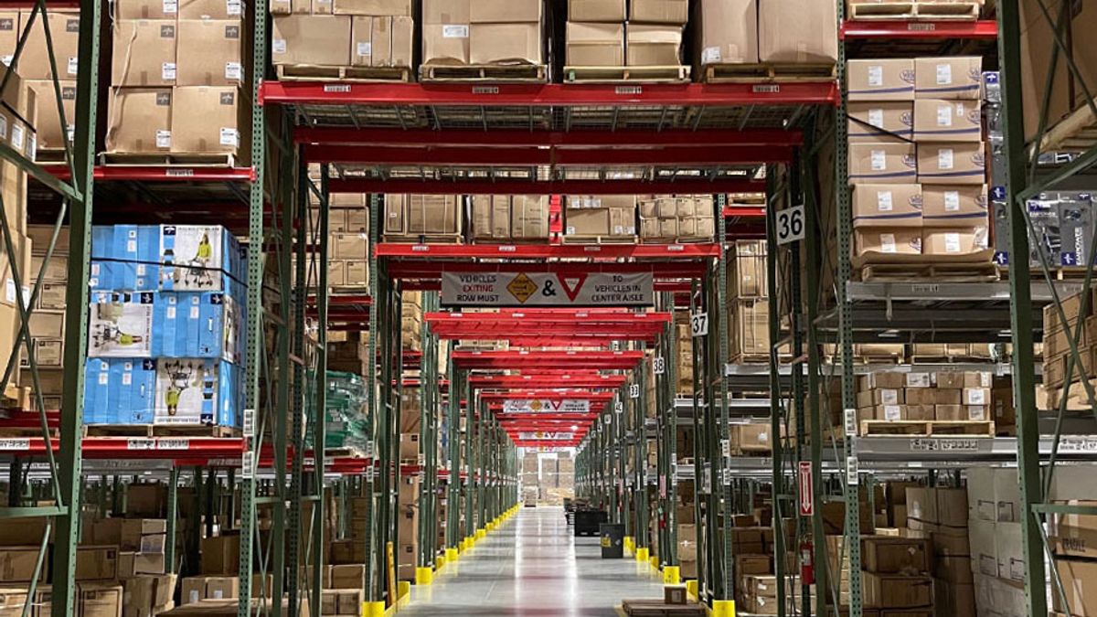 A warehouse with rows of packages