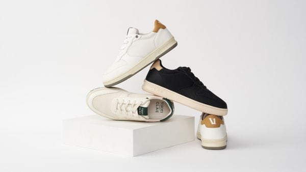 Four sneakers in various colorways are displayed from the Vuori Clae collaboration