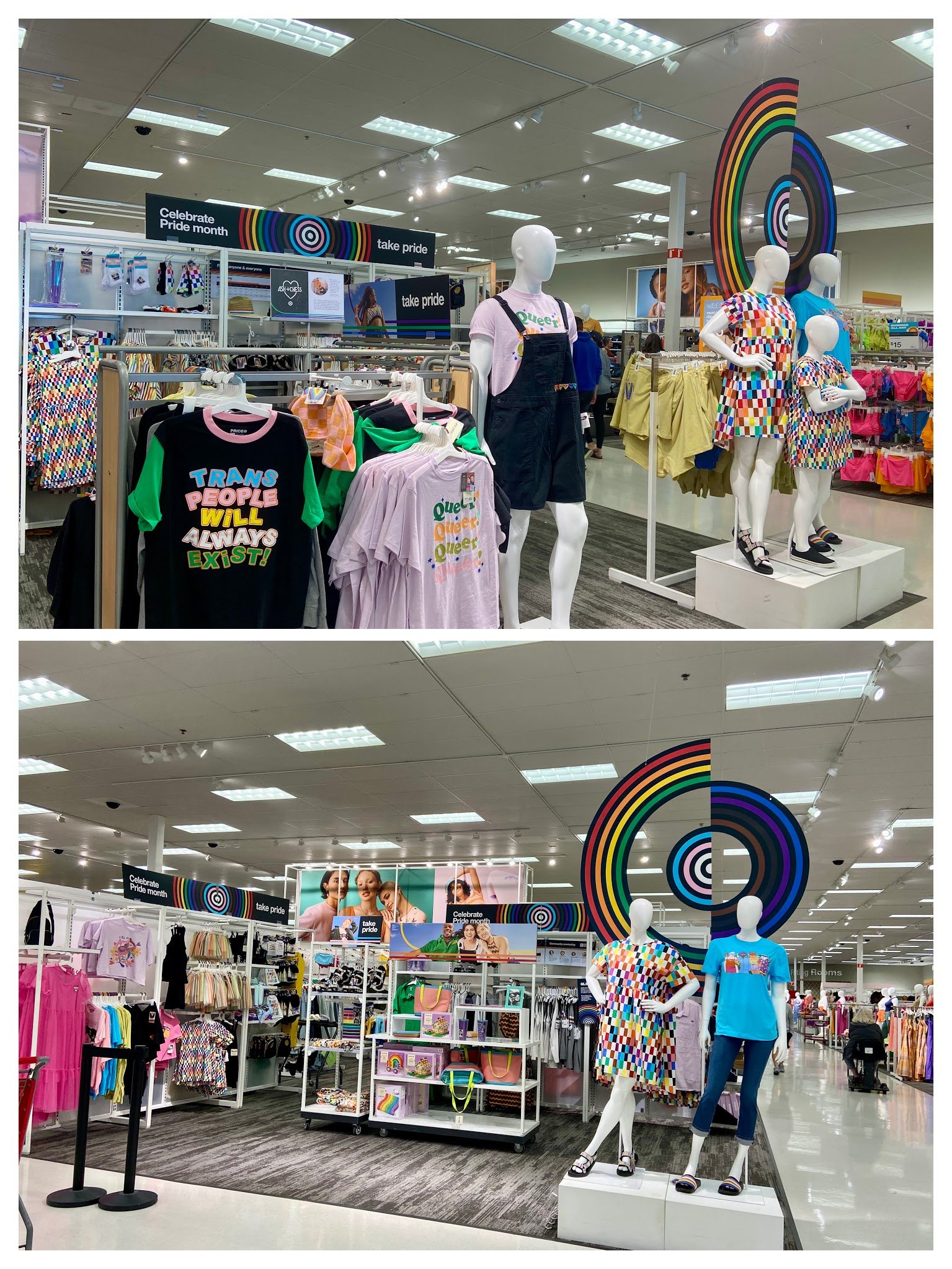Two photos of an apparel display, slightly altered with different merchandise and mannequins.