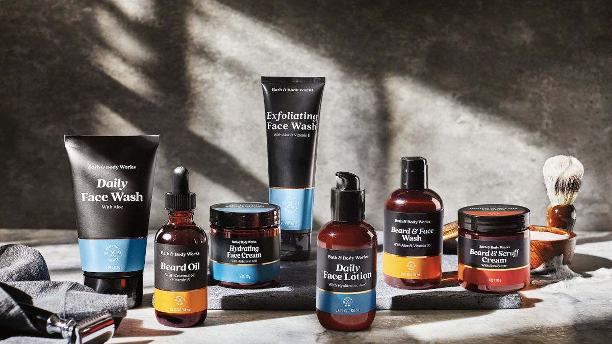 Lineup of men's Bath & Body Works products.