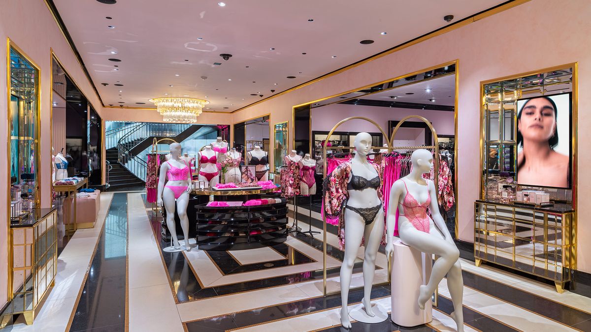 Mannequins in lingerie are part of the sales floor displays at Victoria's Secret in New York City